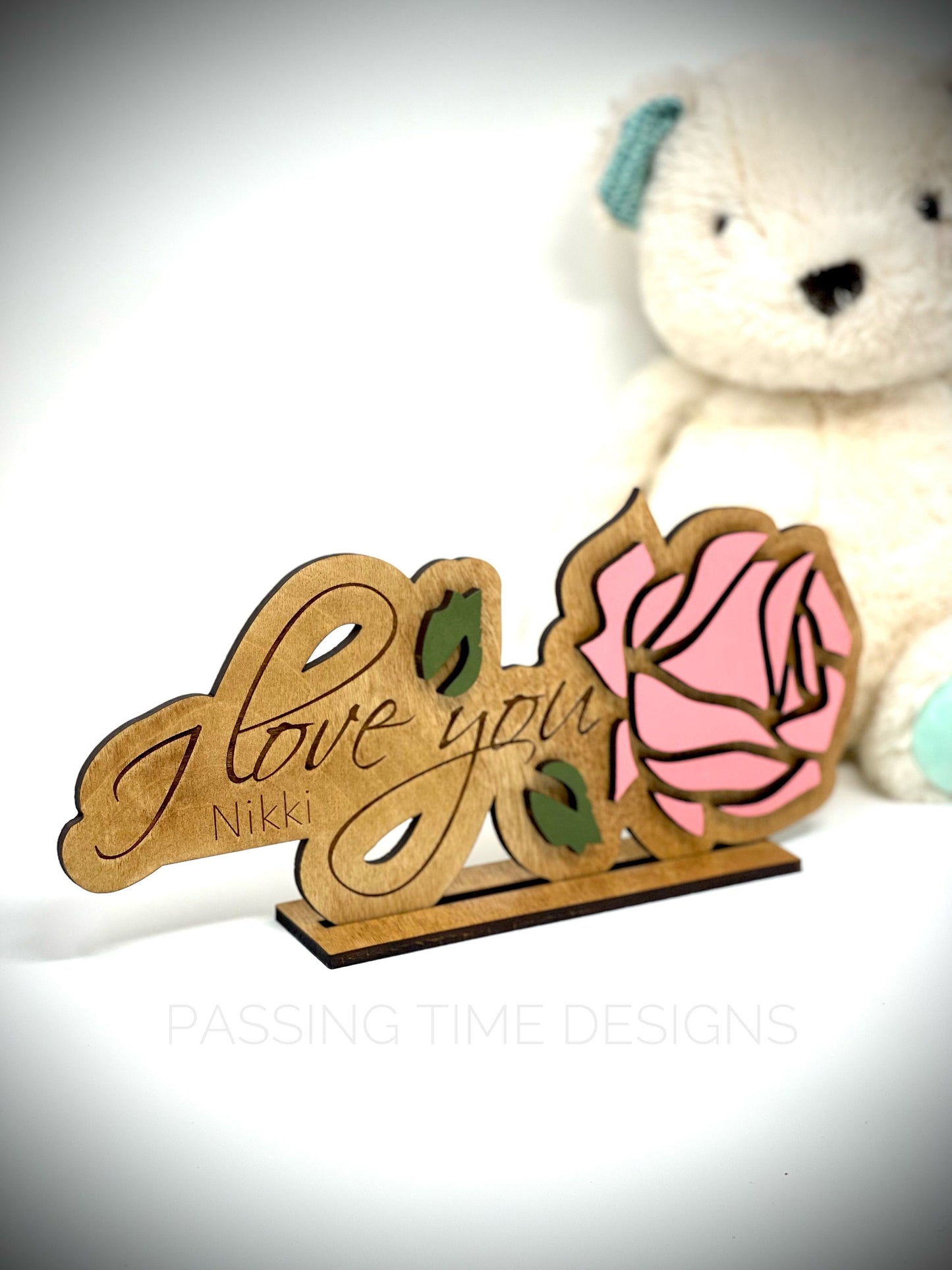 Personalized wood Rose / custom Engraved 3D Rose with Stand (1pc)